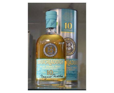 Malt Whisky - BruichLaddich 10 Years Islay single malt Scotch whisky, the label signed by Margaret Thatcher as this was reput