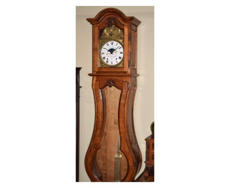 Reproduction French walnut cased Comtoise longcase clock having a typical baluster shaped case, arch shaped hood with glazed 