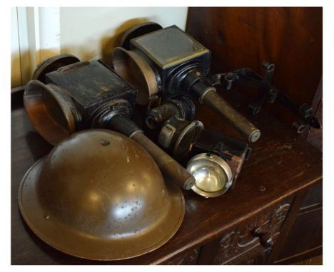 Pair of early 20th Century carriage lamps, together with a Lucas Calcia Cadet hand lamp and another, plus a military-style me