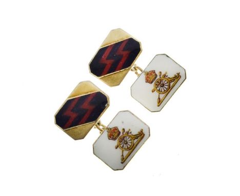 Pair of Royal Artillery enamel decorated gold coloured metal cufflinks, bearing the Regimental Crest to one side and twin lig