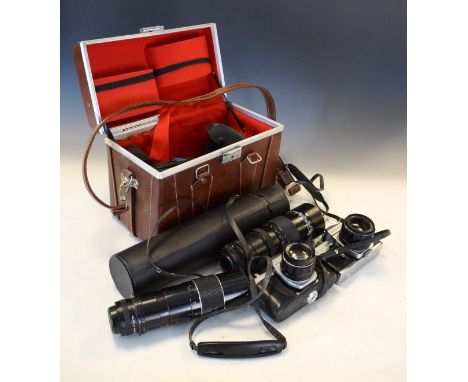 Cameras - Pentax Asahi 35mm camera, a Praktica MTL 5 B 35mm camera, various lenses including telephoto accessories and camera