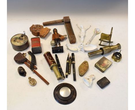 Box of assorted interesting miscellanea including; fountain pens, field microscope, First World War tank lighter and interest