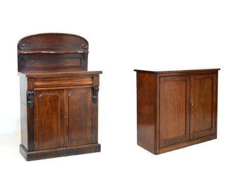 Victorian mahogany chiffonier having a scroll-carved arched back with serpentine shelf over rectangular top, shaped frieze dr