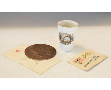 World War I memorial plaque named Harry Simmons, a Newbury peace celebrations 1919 commemorative ceramic beaker and a silk po