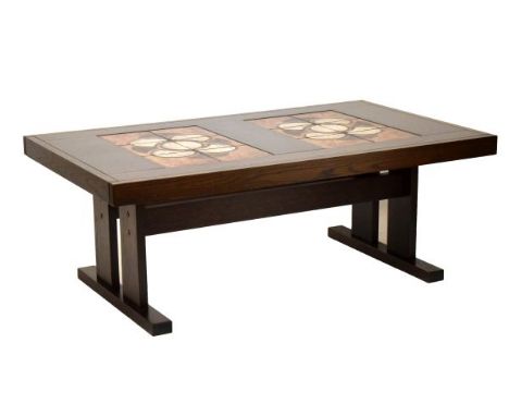 Modern Design - Circa 1970's era oak and tile-inset drop-leaf dining table in the manner of Trioh, 90cm wide x 190cm long, to