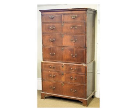 19th Century inlaid walnut chest on chest or tallboy, the upper section with cross grain-moulded cornice over two short and t