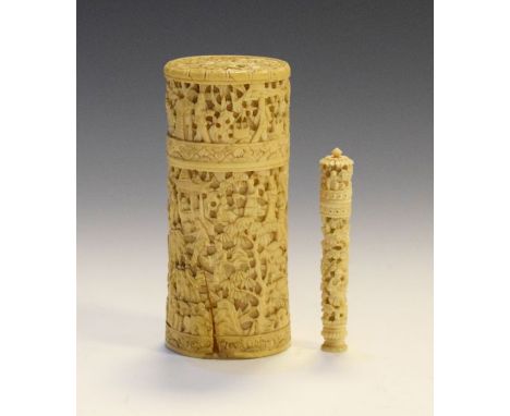 Late 19th/early 20th Century finely carved ivory cylindrical jar and cover, and a similar needle case   Condition: 