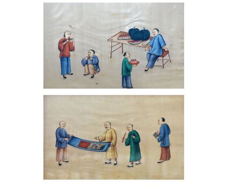 Pair of late 19th/early 20th Century Chinese watercolours on pith or rice paper, one depicting figures before a table with wa