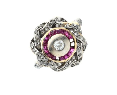 Diamond and ruby set dress ring, size K, 4.3g approx   Condition: 