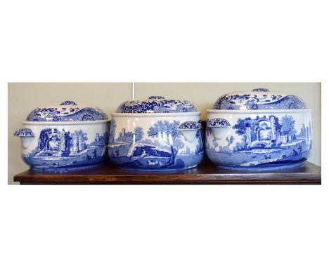 Three Spode 'Blue Italian' pattern stone china oven to table dishes with covers comprising: two oval and one circular (3)   C