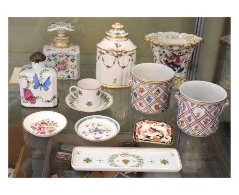 Pair of 20th Century Dresden porcelain cache pots, Minton porcelain tea caddy with foliate swag decoration, French porcelain 