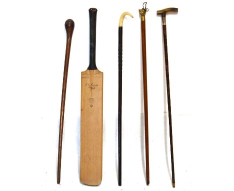 Silver mounted horn handled walking stick, three others and a vintage cricket bat   Condition: 