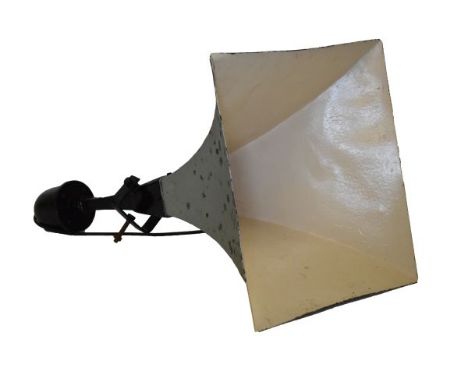 Unusual early to mid 20th Century metal sound horn with black-painted weighted end and swivel bracket to a flared tinned grey