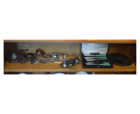 Assorted silver plated wares to include; cased set of six tea knives, three piece cruet set with tray, anointing spoon, ladle