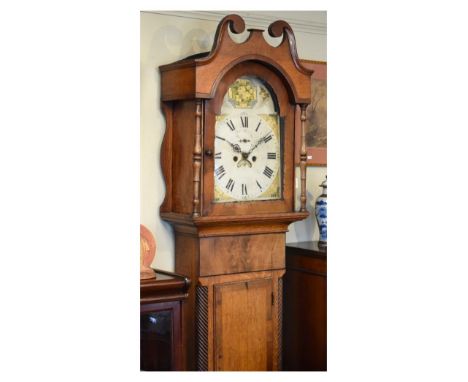 19th Century mahogany and oak longcase clock, the hood with swan neck pediment, arch shaped glazed door flanked by turned pil