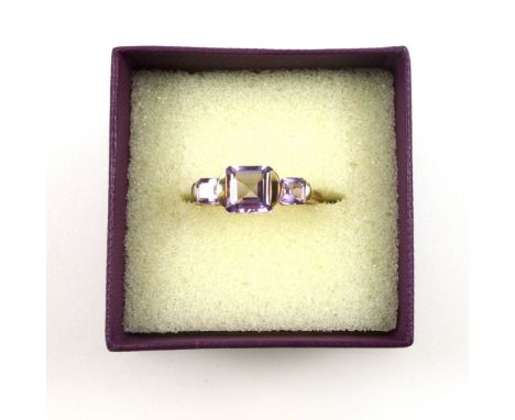 9ct gold triple cluster emerald cut amethyst ring, ring size P - P 1/2, gross  2.9 grams, boxed (2) 