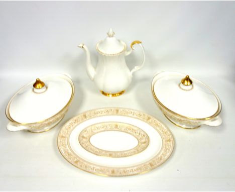 Royal Doulton bone china "Sovereign" pattern part dinner service comprising an oval dish, W.34.2cm; 2 oval tureens, with cove