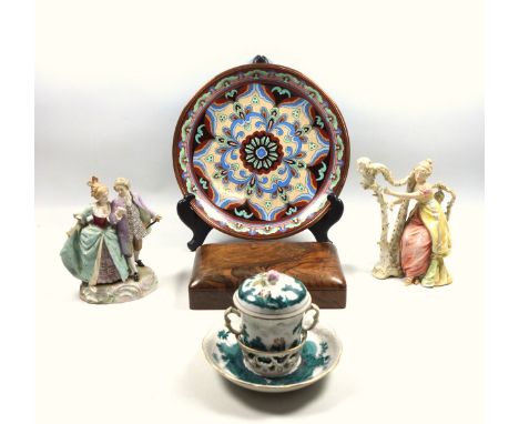 Vienna porcelain trembleuse, painted with figures strolling through the countryside with castle beyond, within a moulded wove