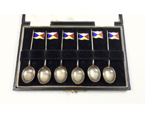 Set of 6 George V silver and enamel coffee spoons with nautical flags, by Barker Brothers Silver Ltd., Birmingham, 1928, gros