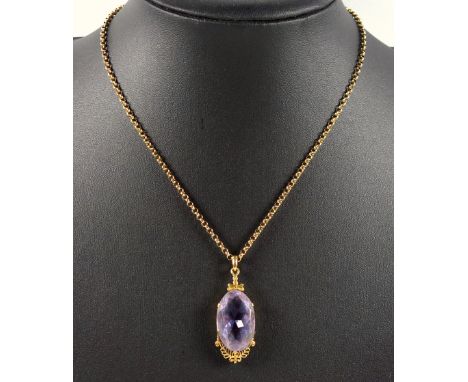 9ct gold belcher chain, 4.5 grams and a pinchbeck set oval amethyst pendant. 