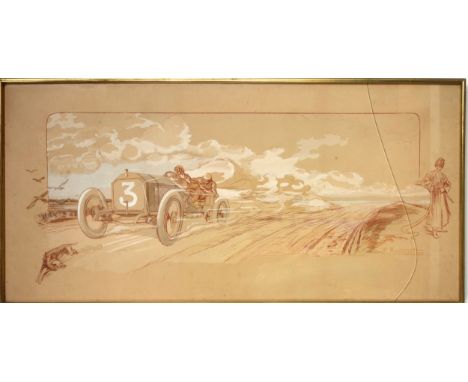 Ernest Montaut (French, 1878–1909), Early Motor Racing Scene, hand coloured lithograph, 42 x 87.5cm and Joseph Enouy, "A New 