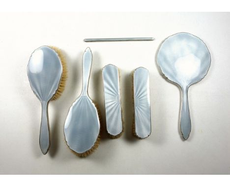 George V silver and light grey-blue guilloché enamel dressing table set, comprising 2 hairbrushes, L.23cm; 2 rectangular brus