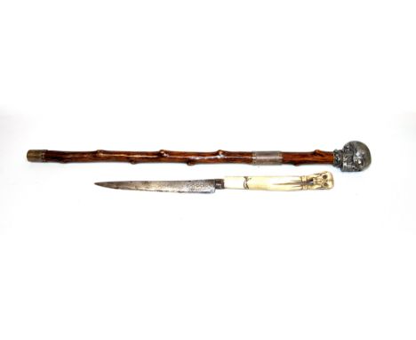 Masonic bamboo swagger sword stick with metal ferrule and a mount, engraved with the square and compass, with a skull handle,