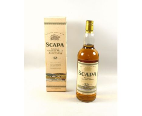 Scapa Single Orkney Malt Scotch Whisky, aged 12 years, 40% vol, 1 Litre, boxed. Age staining to label and packaging. - The ol
