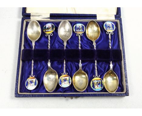 Rare set of 6 Ambulance Service silver and enamel spoons, awarded in the period 1932-1941, gross 104grs, cased. (7)