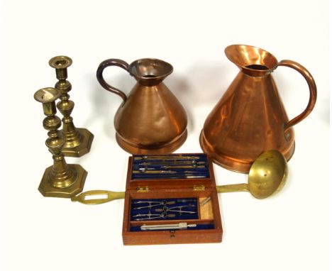 Set of draughtsman's instruments, stamped W. H. H. Ld., in a fitted mahogany case with vacant cartouche; copper gallon and ha