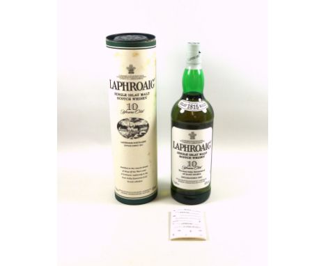 Laphroaig Single Islay Malt Scotch Whisky 10 Years Old, 43% vol, 1 Litre, carton. Age staining to packaging. - The older styl