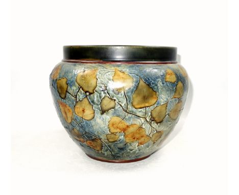 Royal Doulton stoneware jardinière, decorated with autumn leaves on a textured light blue ground, No.2109, impressed marks to
