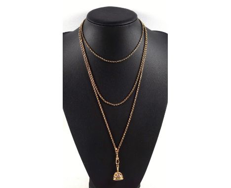 9ct gold belcher guard chain, length 154cm approx., 20.1 grams, with a 9ct gold amethyst seal, 5 grams. 