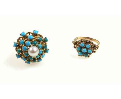 Yellow metal ring domed set cabochon turquoise and cultured pearl, 11.6grs, and a 9ct floral ring set cabochon turquoise, by 