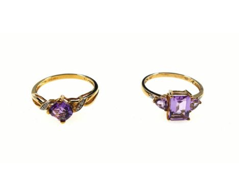 9ct gold square cut amethyst and diamond ring, size P 1/2, gross 1.9 grams, and a 9ct gold emerald and pear cut amethyst and 