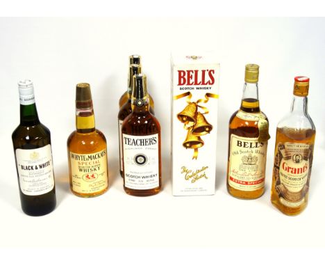 3 bottles of Teacher's Highland Cream Scotch whisky, 26 2/3 fl. ozs., 70 proof; 2 bottles of Bell's, 1L, 75 proof, 1 boxed; G