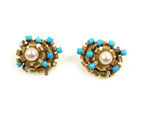 Pair of yellow metal floral design clip-on earrings, each set with cabochon turquoise, and brilliants, centred by a cultured 