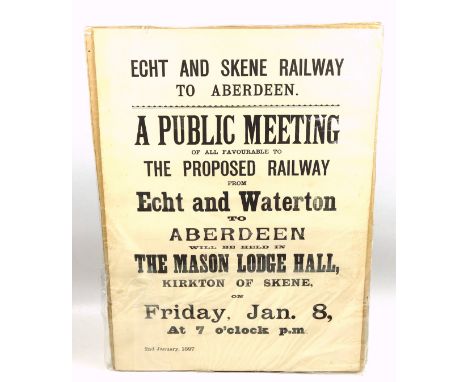 Late Victorian railway poster advertising a public meeting for the proposed Echt and Skene Railway to Aberdeen, dated 2nd Jan