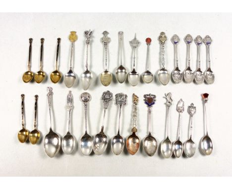 Set of 5 silver gilt and enamel demitasse spoons, with floral picture back bowls, by H C D, Birmingham, 1938, and 22 souvenir