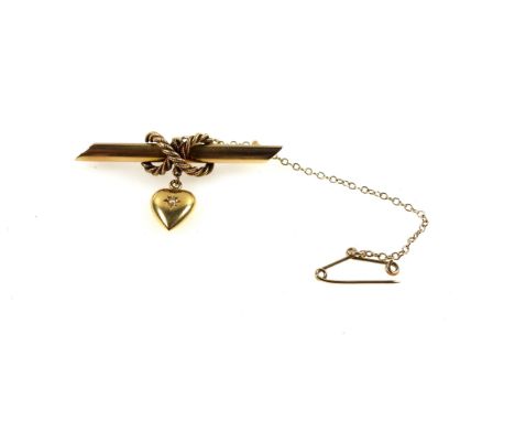15ct gold bar brooch, with rope twist design and small heart shaped pendant set seed pearl, 3.7 grams 