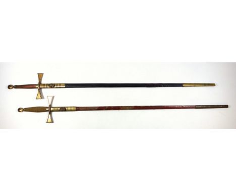 Masonic sword with an engraved steel blade and a fine wire bound brass hilt, in a brass mounted leather scabbard, by Kenning 