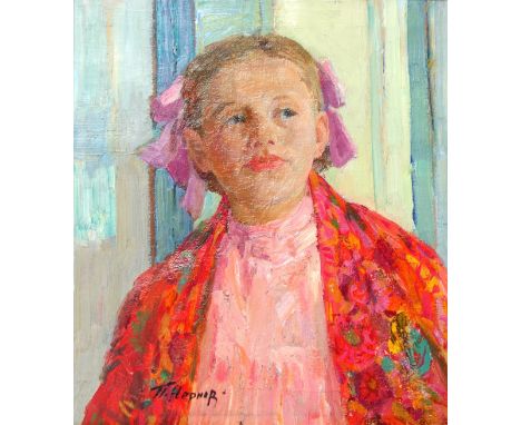 Pavel Afanasievich Chernov (Russian, 1918-2003), "Little Ludimila", portrait of a girl in colourful clothes with pink ribbons