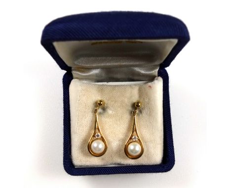 Pair of 18ct gold, pearl and diamond drop earrings, 4 grams, cased (2) 