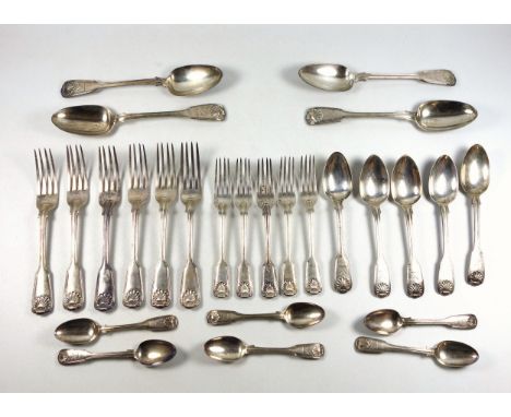 Matched part suite of Victorian silver Fiddle, Thread, and Shell pattern flatware, comprising 6 table and 5 dessert forks, by