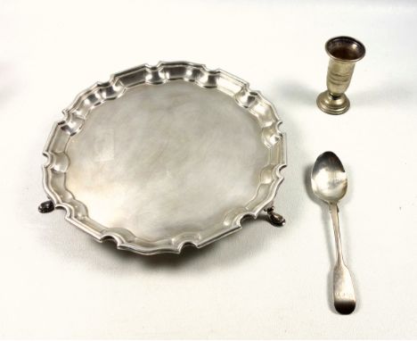 Edwardian silver waiter with a Chippendale rim, on 3 scroll hoof feet, by John Hunt, London, 1902, Dia.20.2cm; Victorian Fidd