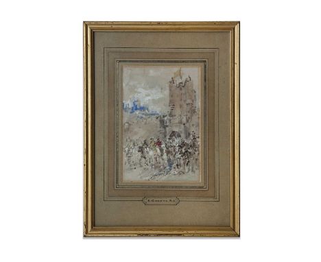 ERNEST CROFTS RA (1847-1911)CAVALIER WITH THREE HORSES AT THE GATEsigned and dated E. Crofts 1904 lower rightwatercolour and 