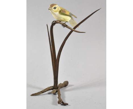 A Bronze and Ceramic Royal Worcester Study of Bird on Reed, Tiny Nick to End of Beak, 21cm high 