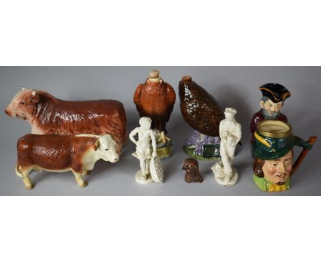 A Collection of Various Animal and Figural Ornaments to include Hereford Bulls, Wedgwood and Co Farmer and Wife, Famous Grous