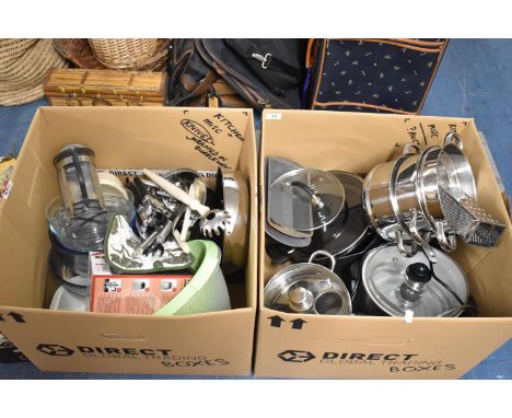 Two Boxes of Modern Kitchen Pots, Pans, Kitchen Tools etc 