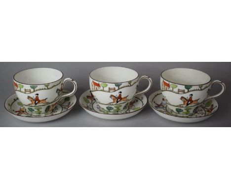 A Set of Three Royal Crown Derby T Goode and Co, Hunting Pattern Breakfast Cups and Saucers 